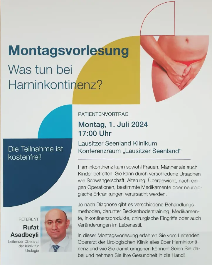 Poster for the public lecture “Was tun bei Harninkontinenz?” at Lausitzer Seenland Klinikum